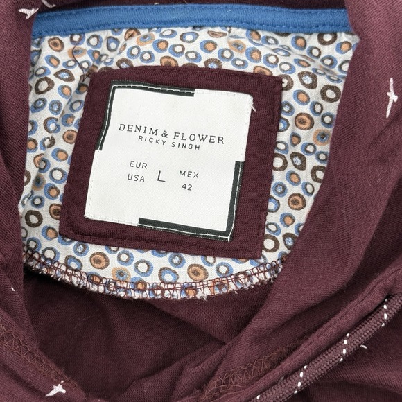 Denim & Flower Ricky Singh Shirt Mens L Hoodie Pullover Long Sleeve Maroon Birds - Picture 4 of 9